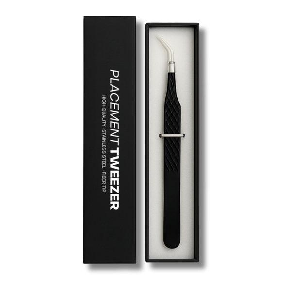 High-quality placement tweezers with fiber tip in luxury black box, designed for precision brow or lash extensions.